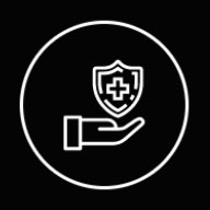 A hand holding a shield icon on a black background.