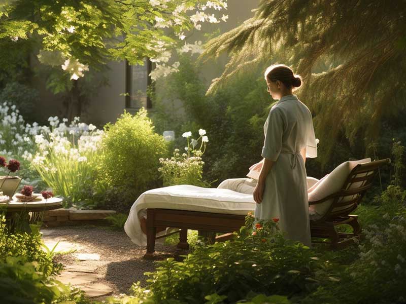A woman is sitting on a bed in a garden.