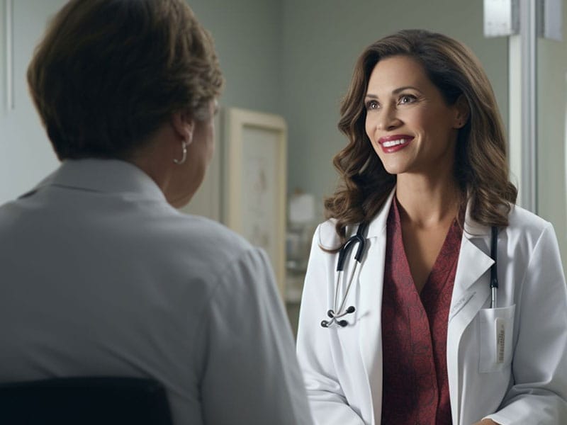 A woman talking to a doctor in a lab coat.