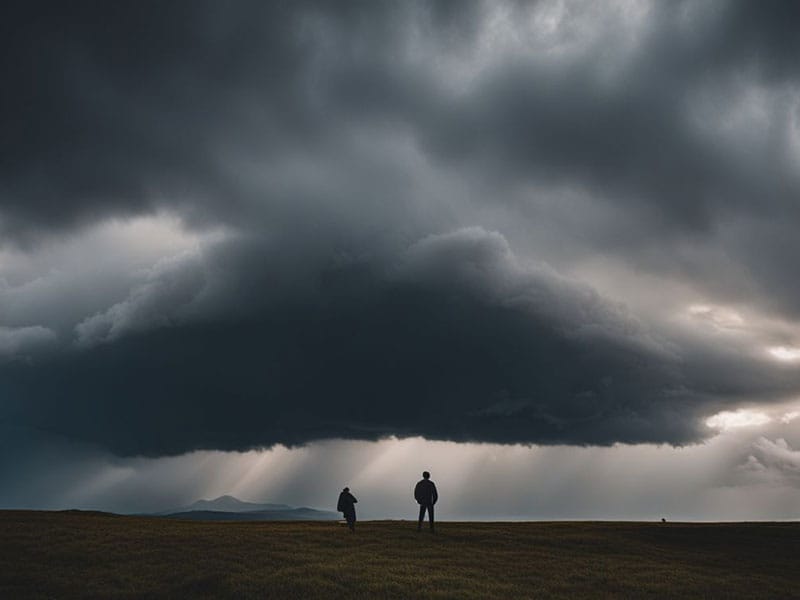 Two people standing under a stormy sky.