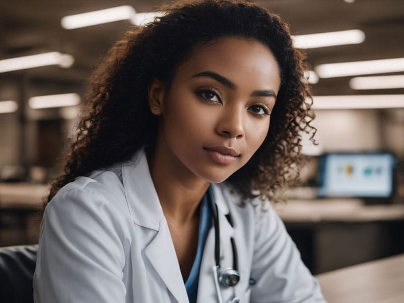 A black female doctor sitting at a desk.