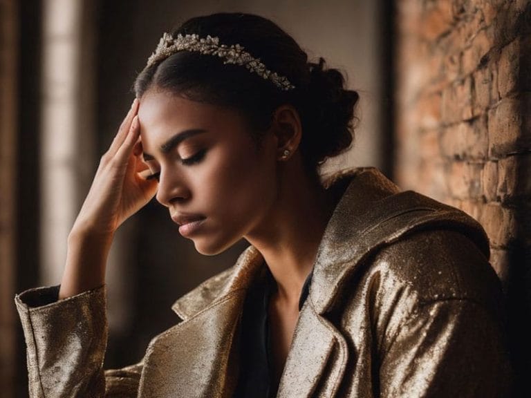 A woman in a gold jacket leaning against a brick wall with a migrane headache.