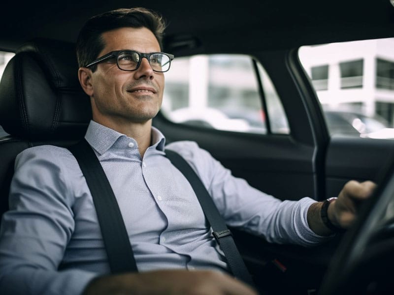 A man in glasses is driving a company car.
