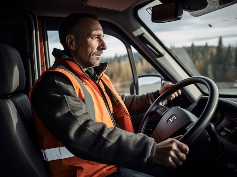A man driving a truck in an orange vest.
