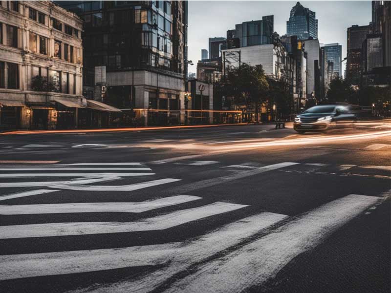 Determinación de la responsabilidad por accidentes con una imagen de un coche en movimiento en una calle de la ciudad al anochecer, con estelas de luz borrosas y un paso de peatones en primer plano.