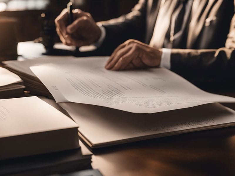 Una persona con un traje formal revisa y firma documentos en un escritorio, con libros cerca en una oficina después de una consulta sobre la ley de lesiones personales.