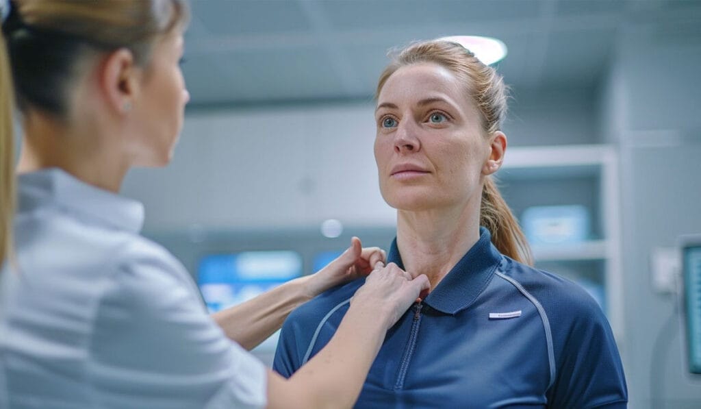 Dos mujeres en un entorno clínico, una ajustando el cuello del uniforme azul de la otra.