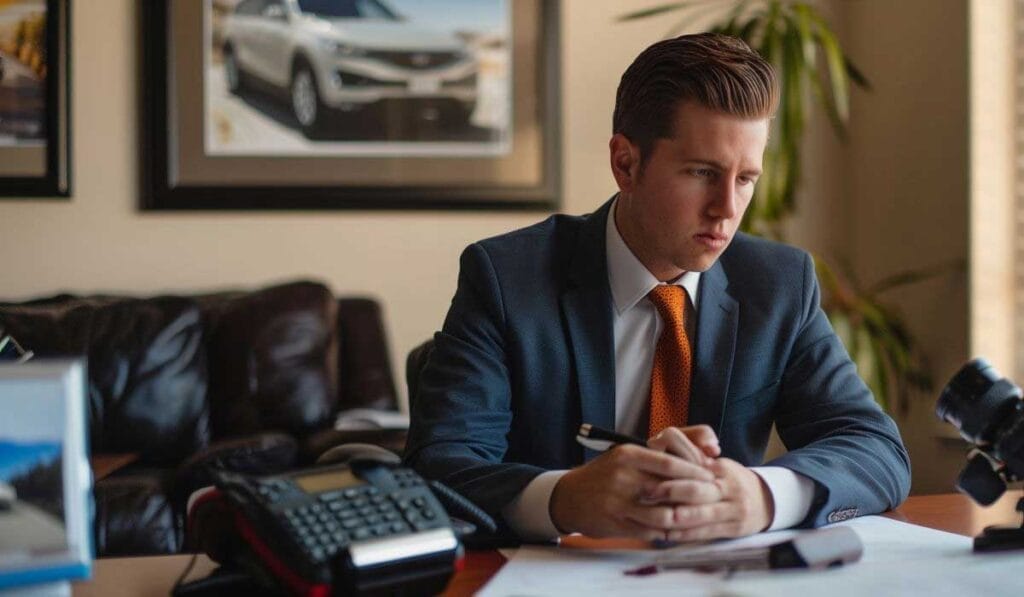 A focused Attorney in a suit working at a desk with papers and a laptop in an office decorated with car posters.