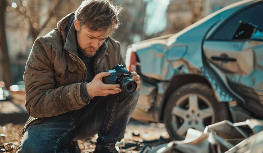 A man examining a camera in front of a damaged car.