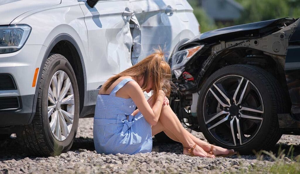 A woman sits on the ground, distressed, beside two cars involved in a collision.