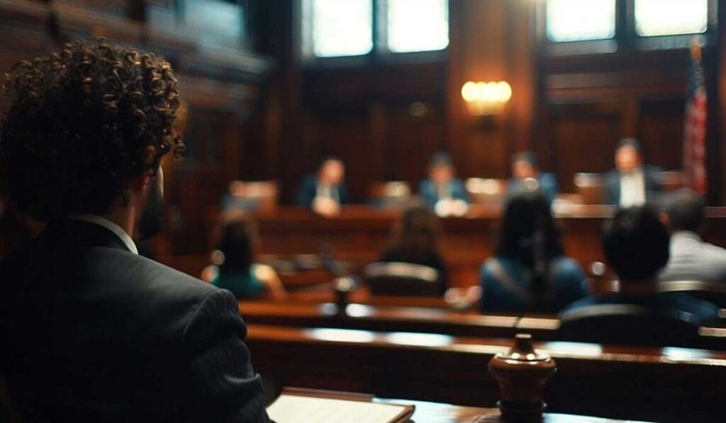 Vista posterior de una persona de pelo rizado en una sala del tribunal, centrándose en los jueces y abogados en sesión, con el entorno ligeramente borroso.