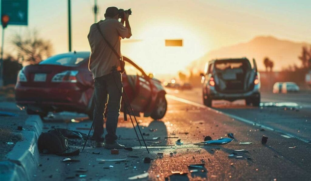 Fotógrafo capturando imágenes en la escena de un accidente automovilístico durante el atardecer, con escombros esparcidos en la carretera y vehículos dañados visibles.