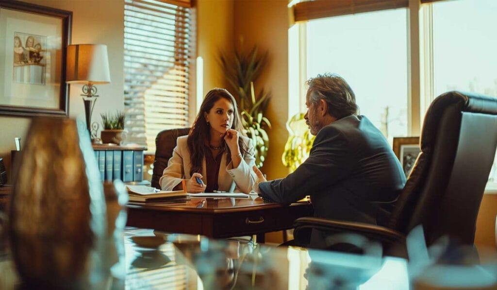 Dos profesionales, una mujer y un hombre, conversando en un escritorio en una oficina bien iluminada con documentos frente a ellos.