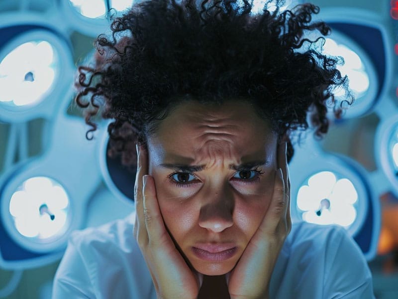A distressed woman with curly hair sitting at a desk, surrounded by blurry computer screens, looking worried with her head in her hands.