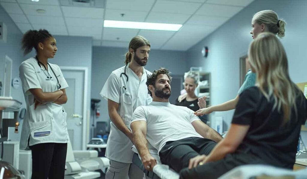 Un grupo de profesionales sanitarios atendiendo a un paciente masculino en una habitación de hospital, discutiendo su tratamiento.