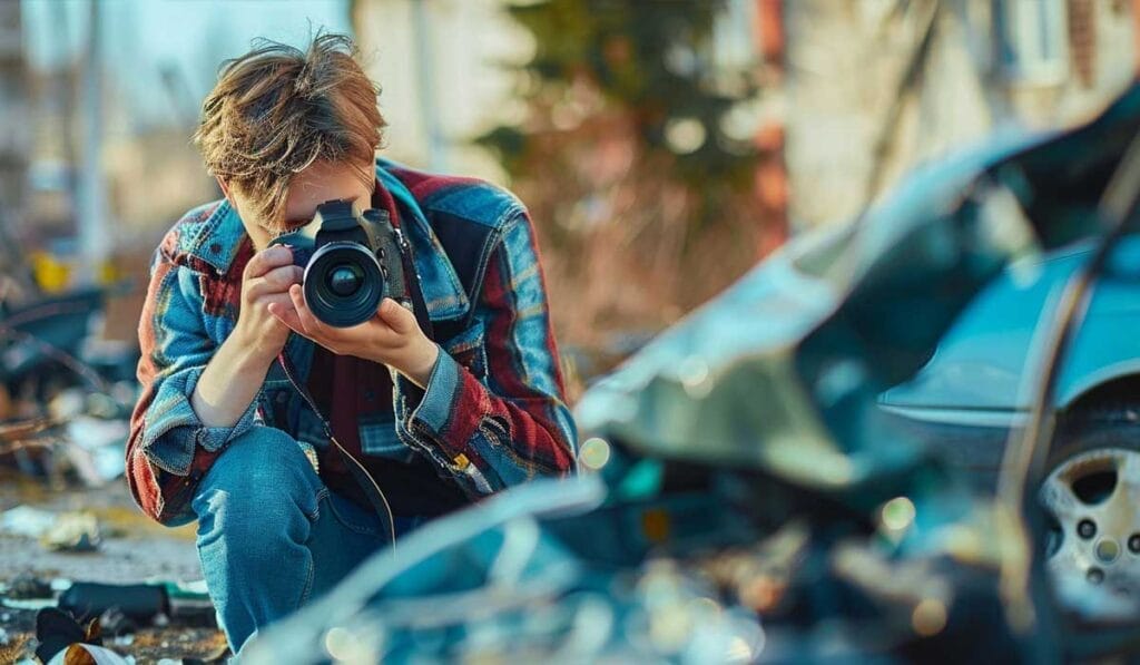 A young photographer focuses a dslr camera on a wrecked car in a cluttered, urban setting.