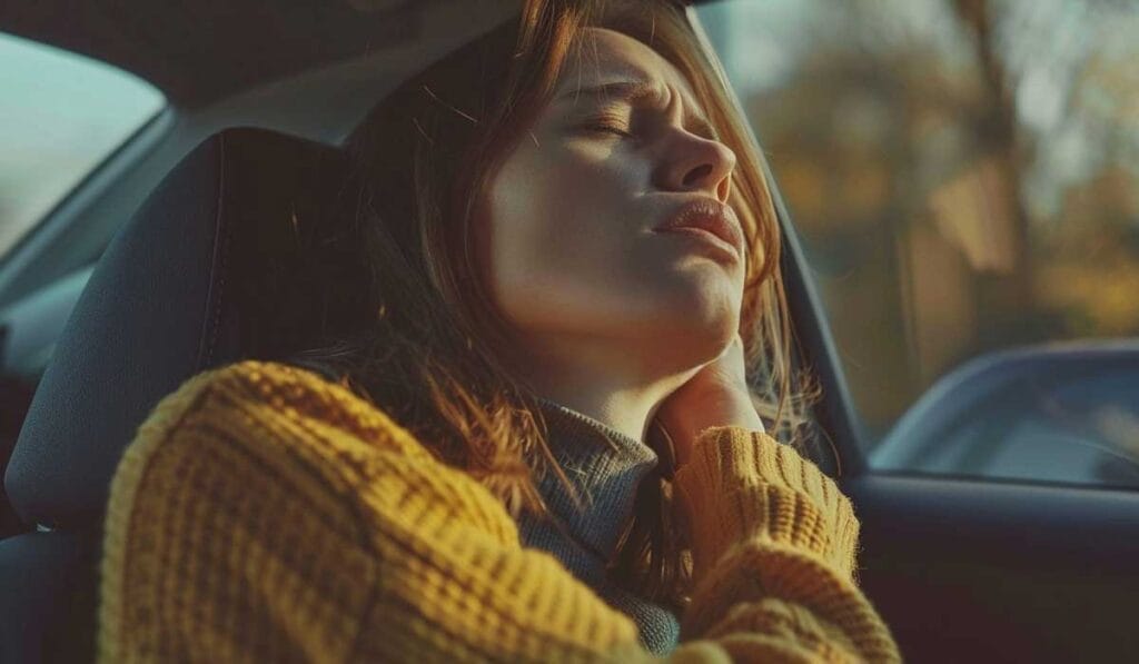 Mujer apoyando la cabeza en la mano, con los ojos cerrados, sintiendo la luz del sol a través de la ventanilla de un auto, vestida con un suéter amarillo.