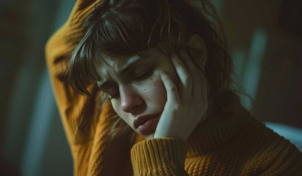 A woman in a yellow sweater appears distressed, holding her head in her hands with a pained expression.