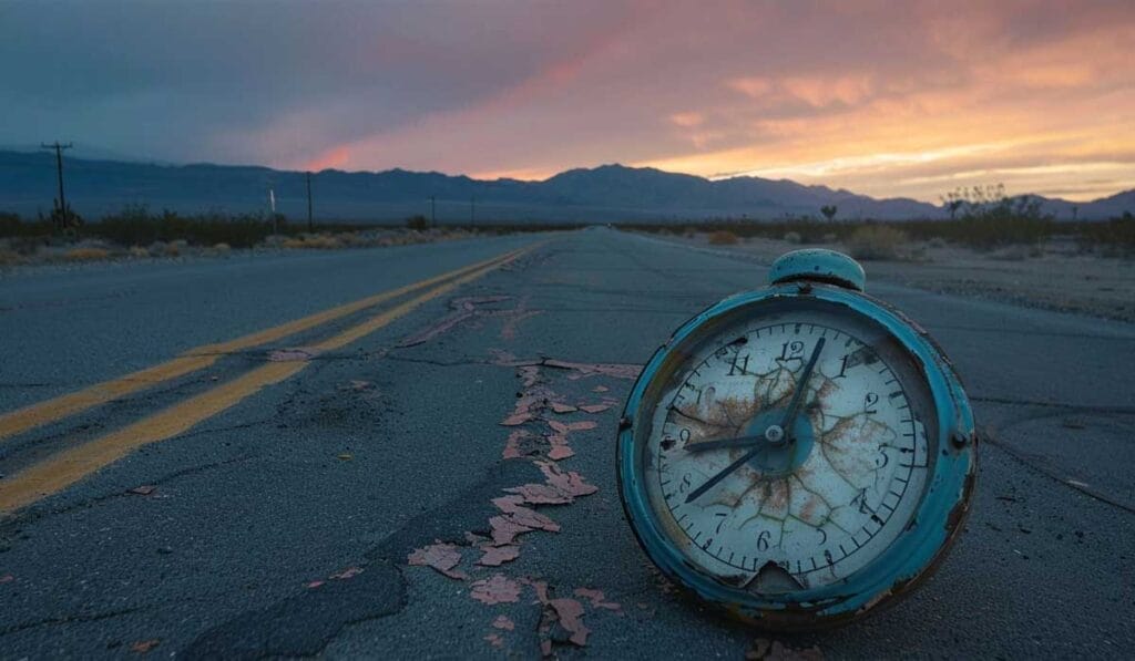 A weathered, broken clock lying on a cracked road with a colorful sunset and mountainous backdrop.