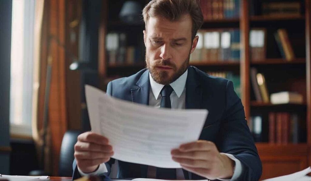 A focused man in a suit reviews documents at a desk in a library.