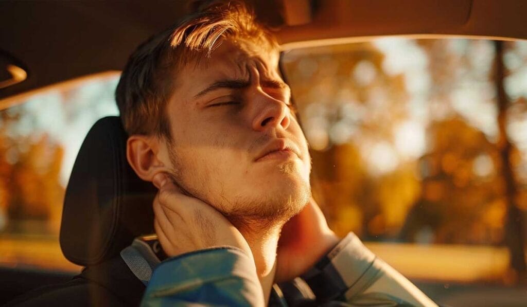 Young man holding his neck in pain while sitting in a car, squinting due to bright sunlight streaming through the window.