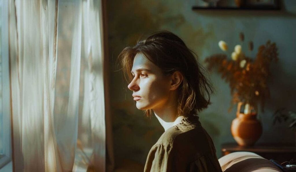 Young woman with short hair gazing out a window, soft sunlight illuminates the room, evoking a contemplative mood.