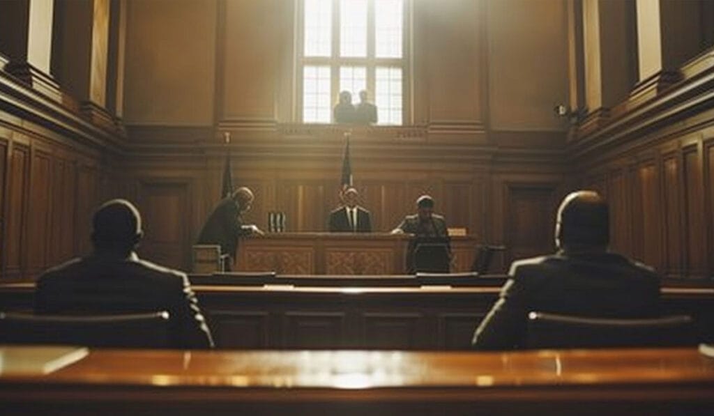 Inside a courtroom, people are facing a judge seated behind a bench with flags in the background, illuminated by sunlight streaming through windows.
