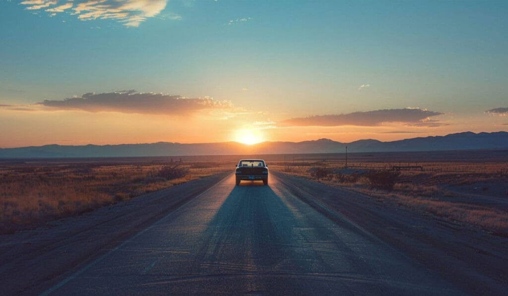 Car driving towards a sunset on a straight road through a desert landscape.