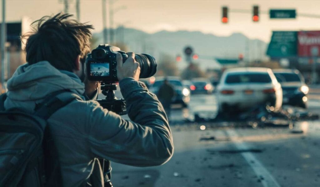 A photographer capturing a traffic accident scene with debris on the road and stopped cars under traffic lights.