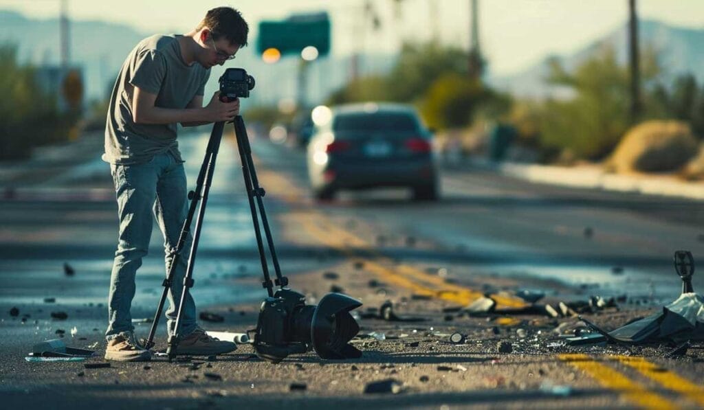 A photographer using a tripod and camera to document the scene of a car accident on a sunny road with scattered debris.