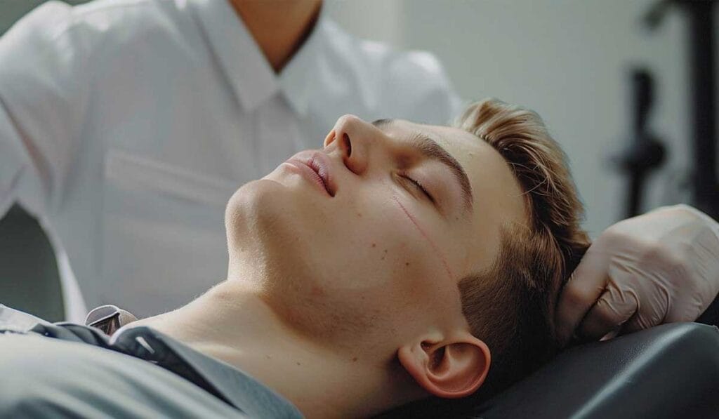 Un joven recostado en un sillón dental con los ojos cerrados, recibiendo tratamiento de un dentista con guantes.