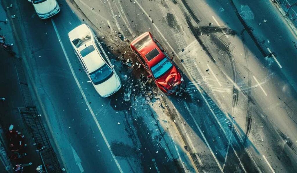 Aerial view of a car accident involving a red and a white car at an intersection with visible debris.