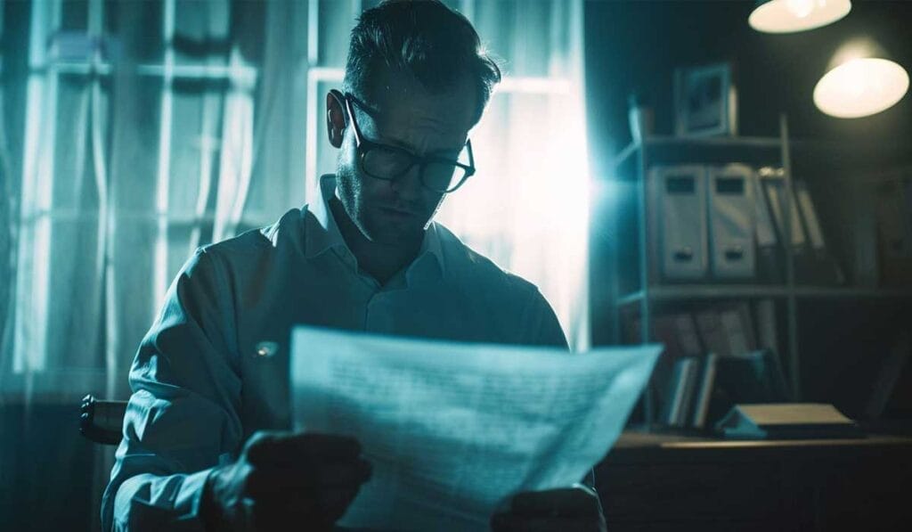 Un hombre con gafas lee documentos atentamente en una oficina con poca luz y persianas verticales que proyectan sombras.