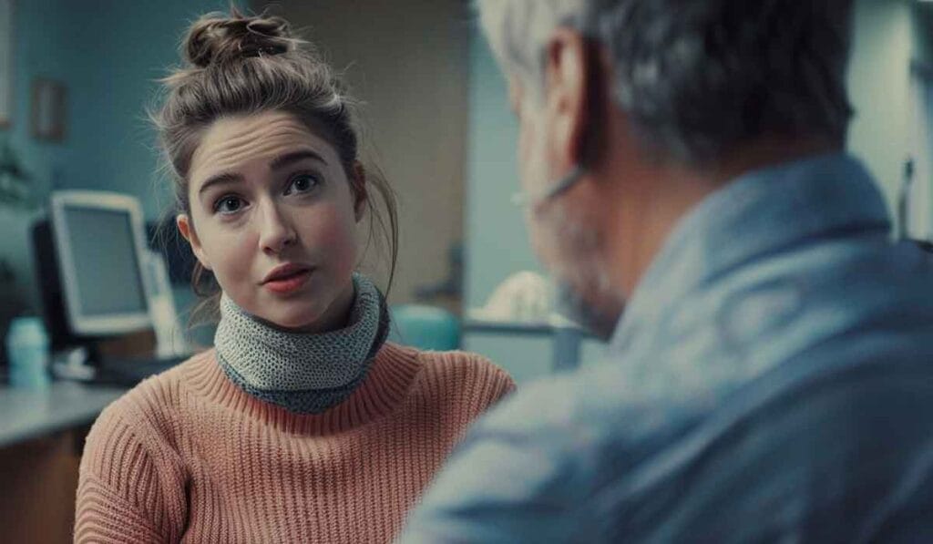Young woman in an orange sweater and neck brace talking to an older male doctor in a clinic.