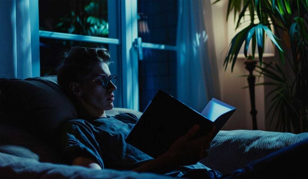 A person sits on a couch reading a book under dim lighting near a large window, with a plant in the background.