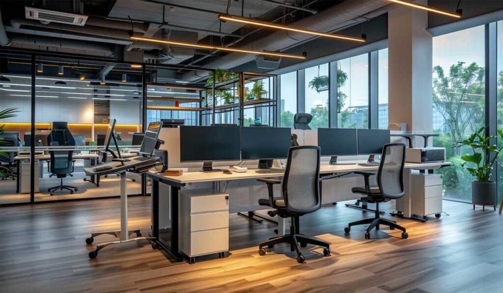 A modern open-plan office with multiple workstations, ergonomic chairs, large windows, and ample lighting. The space features a mix of natural greenery and contemporary design elements.