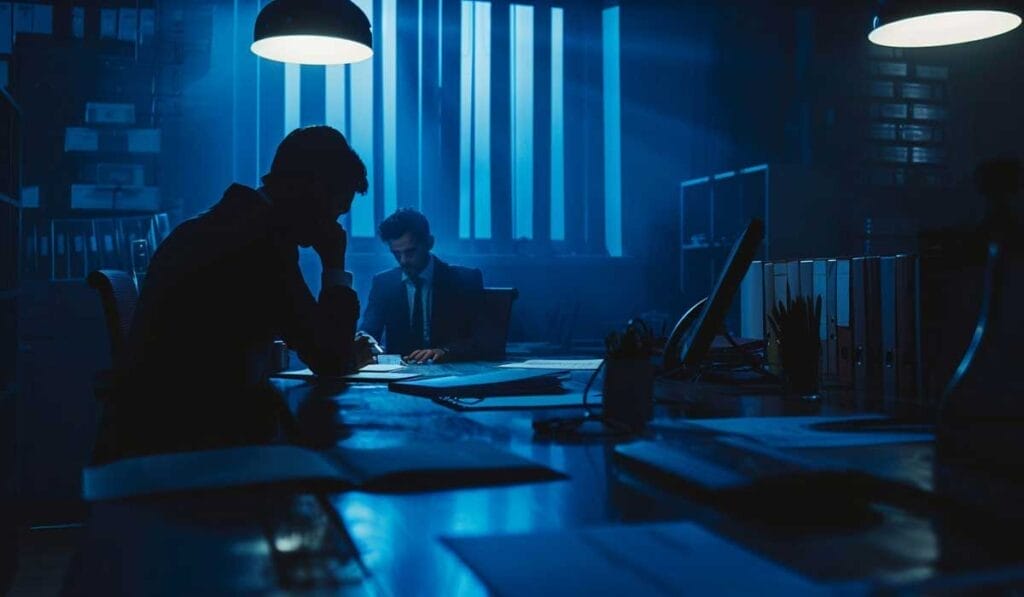 Two individuals, silhouetted against blue light, work in a dark office filled with desks and paperwork.