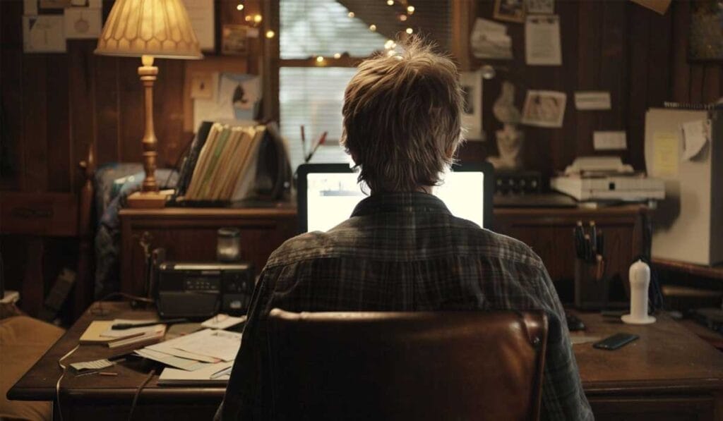 Una persona con cabello rubio está sentada en una oficina abarrotada de casa, frente a una pantalla de computadora. La habitación está tenuemente iluminada por una lámpara y decorada con diversos papeles y objetos en las paredes.