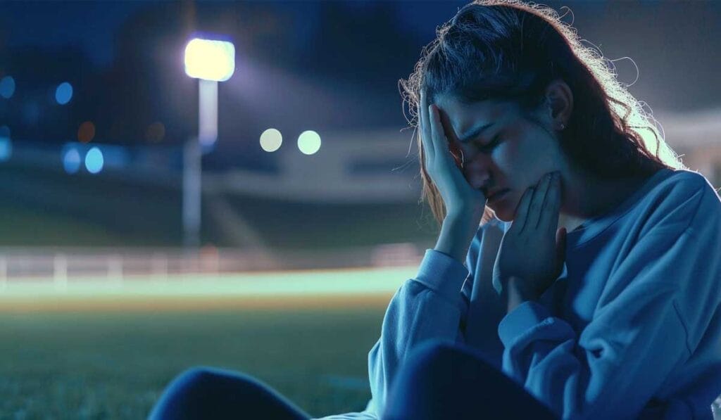 A person sits outdoors at night with their hand covering their face, appearing distressed. Stadium lights are visible in the background.