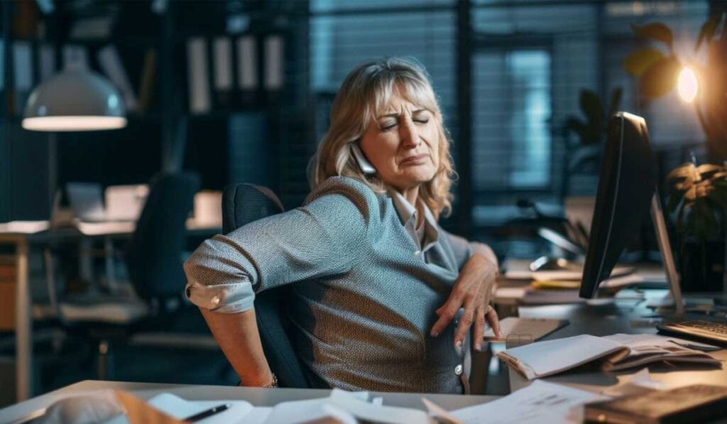 A woman in a business suit sits at a desk in an office, appearing to experience back pain while talking on the phone.