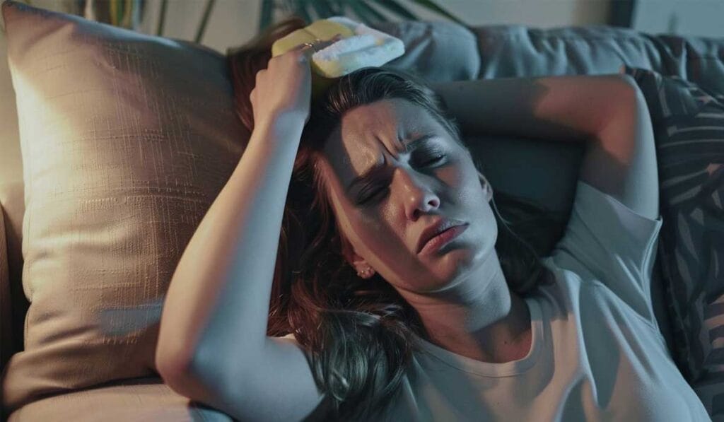 A woman lying on a couch with her hand on her head, holding an ice pack to her forehead, appears to be experiencing a headache.