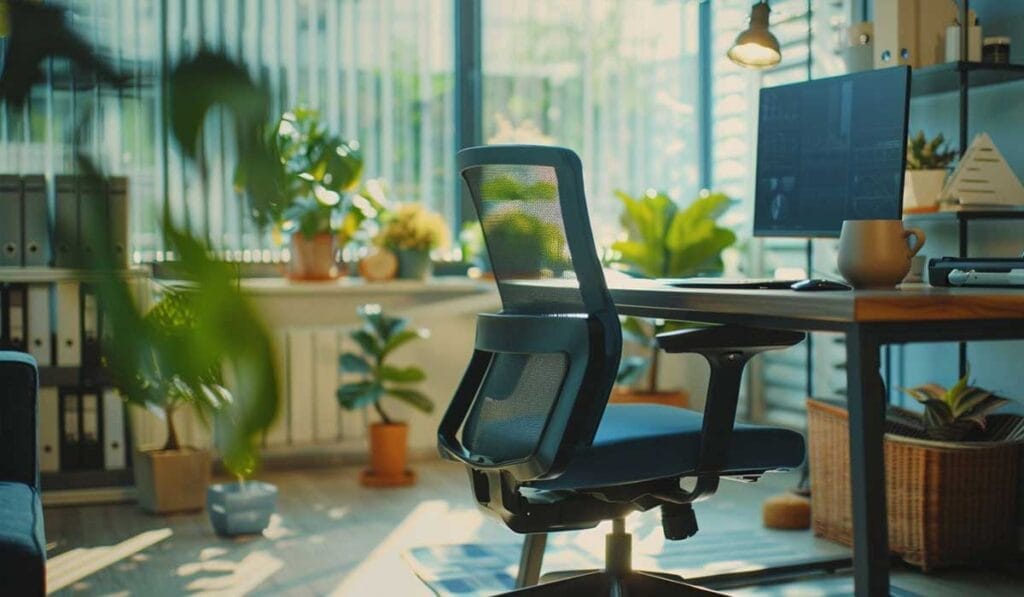 Una soleada oficina en casa con una silla ergonómica de malla frente a un escritorio de madera. El escritorio tiene un monitor de computadora, una taza y plantas en macetas. Al fondo se ven estanterías con libros y cestas.