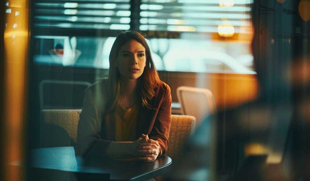 A woman with long hair sits at a table in a dimly lit room with blinds on the windows.