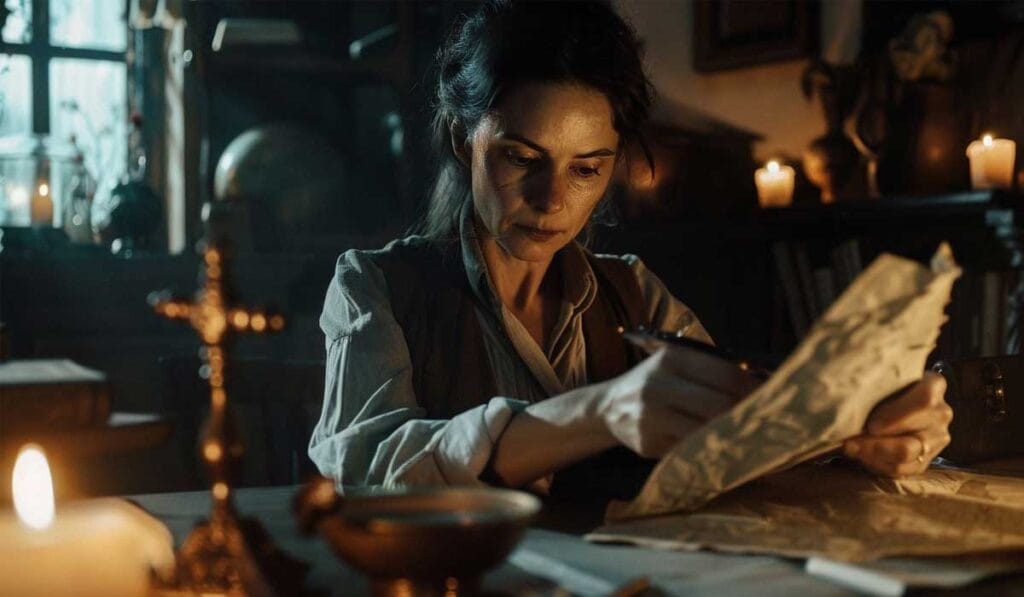 A woman sits at a dimly lit table, holding a piece of paper and writing. Candles and various objects are on the table and in the background.