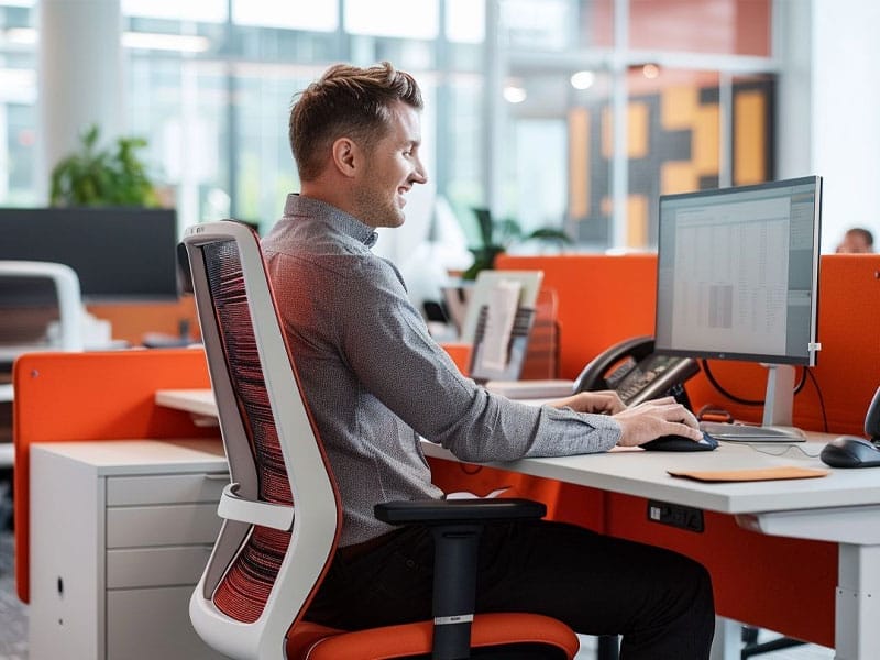 A man sits at an office desk, working on a computer. The office has an open-plan layout with modern furniture and bright orange accents.