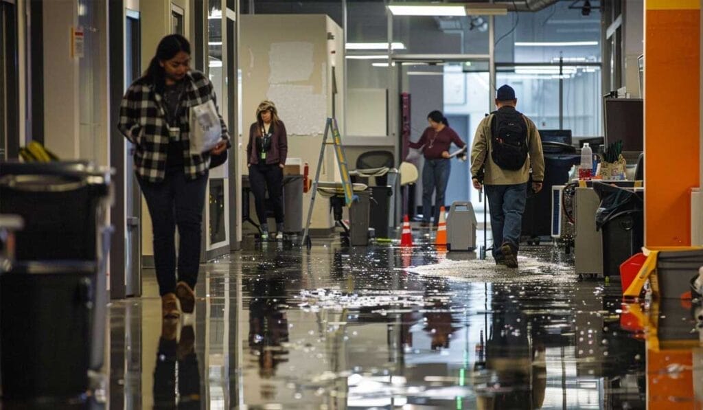 A group of people walk through an office hallway with a wet floor, a large puddle present. Orange warning cones and a ladder indicate the area might be under repair or maintenance.