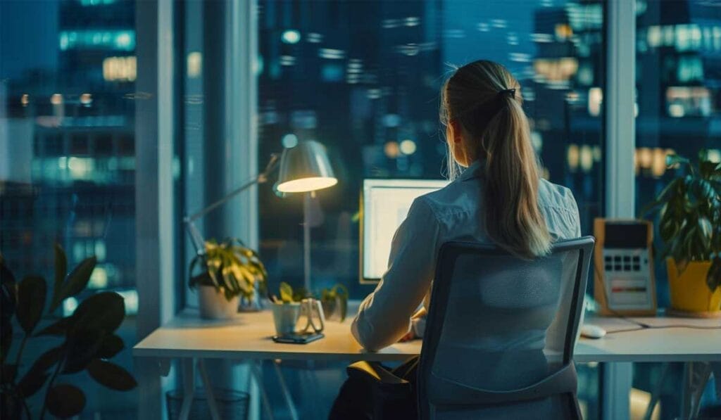 Una mujer con cabello rubio se sienta en un escritorio trabajando en una computadora en una oficina con poca luz y con un paisaje urbano visible a través de grandes ventanales por la noche. El escritorio incluye lámpara, plantas, bloc de notas y calculadora.