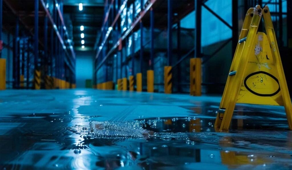 Yellow caution sign on a wet floor in an industrial warehouse with high shelves and illuminated by overhead lights.