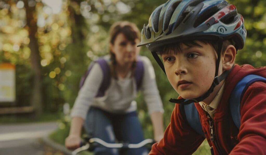 A boy in a helmet rides a bicycle in a park, with an adult following closely behind, also wearing a helmet. Both wear backpacks and are surrounded by greenery.