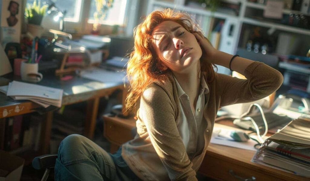 A woman with reddish hair sits at a cluttered desk, touching her head with one hand as sunlight streams in through a window.